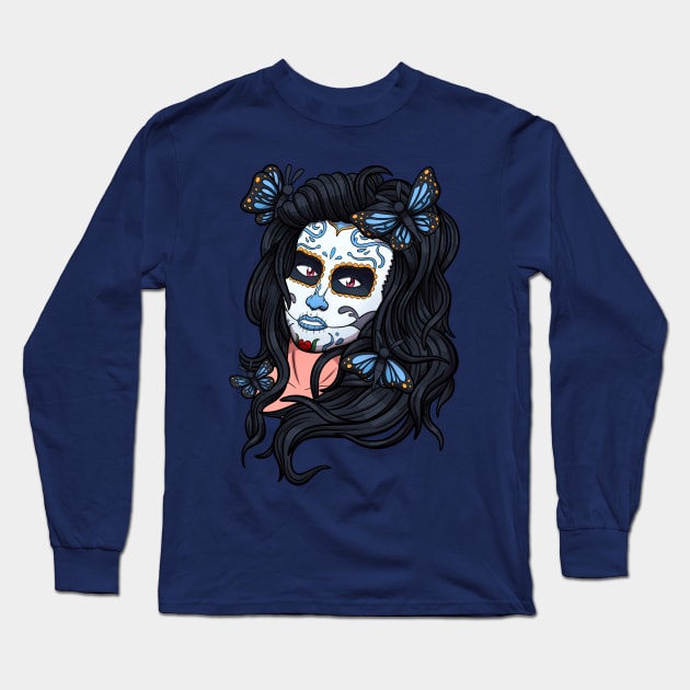 Sugar Skull Girl Face Long Sleeve T-Shirt by TheMaskedTooner